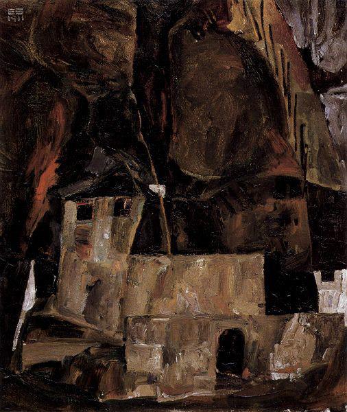Egon Schiele Mauer und Haus vor hugligem Gelande mit Zaun oil painting image